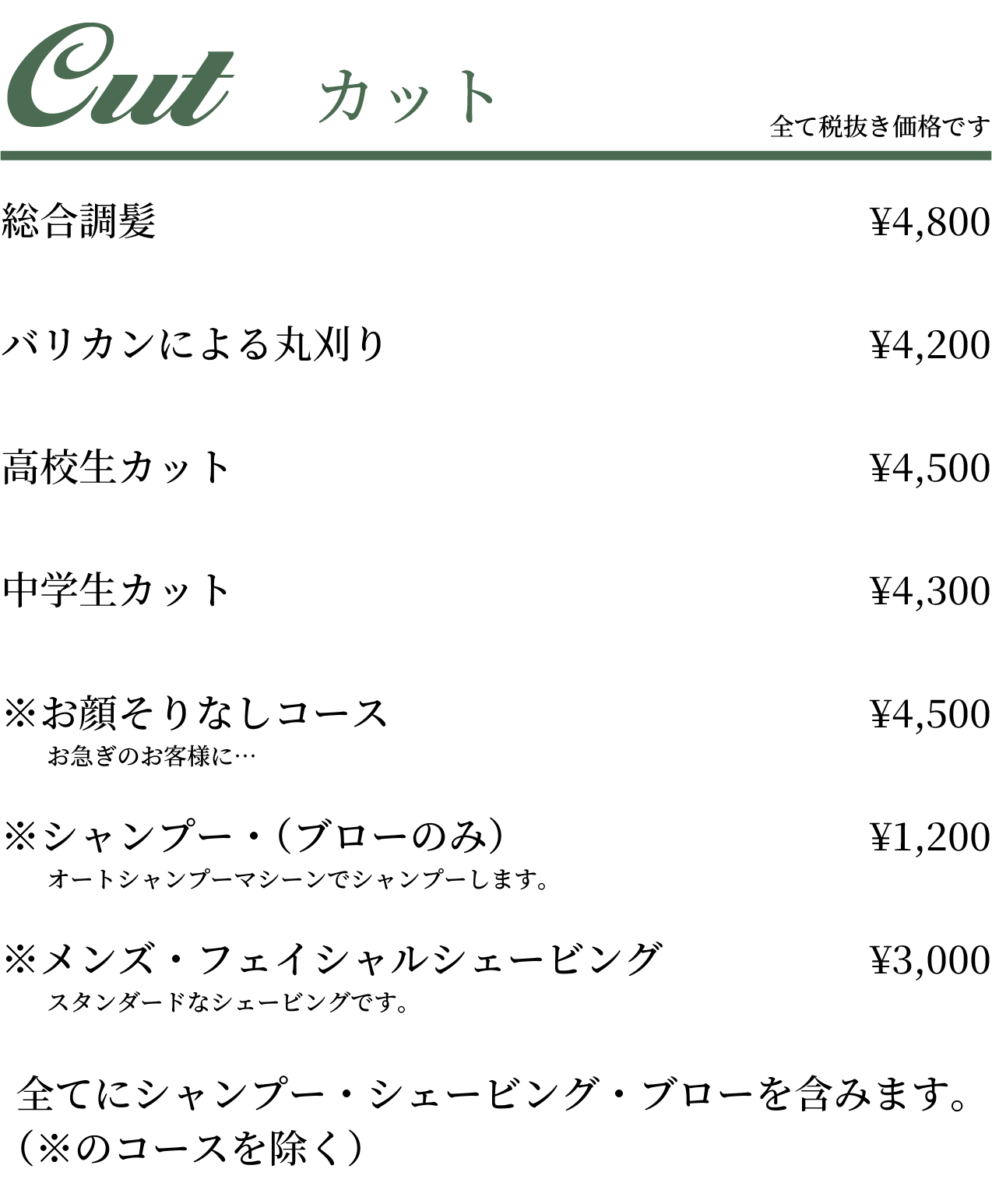 カットのメニュー表